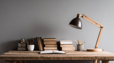 A cozy minimalist workspace featuring a wooden desk adorned with books, an open notebook, a stylish lamp, and various stationery items, offering a serene ambiance.の素材