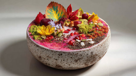 This artistic smoothie bowl is a feast for the eyes, featuring vibrant fruits, seeds, nuts, and edible flowers arranged beautifully. A perfect healthy treat.の素材