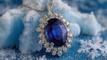 A stunning blue sapphire pendant necklace is showcased amidst soft snowflakes and a frosty background, embodying winter elegance and luxury.の素材