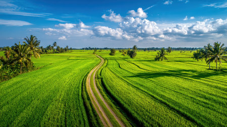 A stunning aerial view of lush green rice fields showcases the beauty of agriculture, complemented by a winding dirt path and vibrant skies.の素材