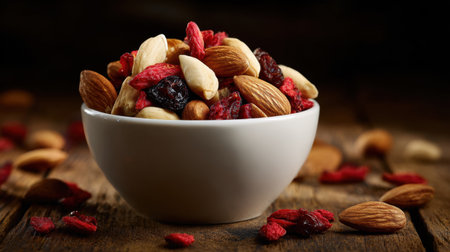 This image features a bowl filled with a vibrant mix of nuts and dried fruits, set against a dark wooden background. Ideal for promoting healthy snacking choices.の素材