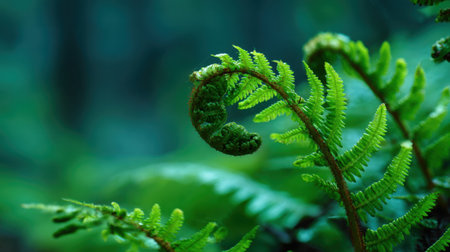 A striking close-up of a green fern with elegantly curled fronds, surrounded by a misty forest backdrop. This serene image captures the beauty of nature.の素材