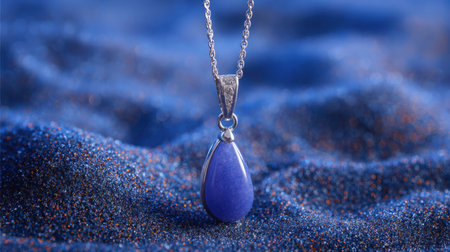 Stunning close-up image of a blue pendant necklace crafted with silver chain, artistically placed on a textured blue background, showcasing elegance and luxury.の素材