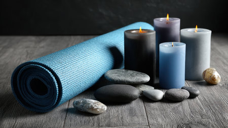 This serene arrangement features a blue yoga mat, smooth stones, and softly glowing candles, evoking a sense of peace and relaxation perfect for wellness practices.の素材