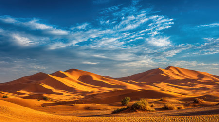 This stunning image captures a serene desert landscape featuring rolling sand dunes bathed in warm sunlight under a brilliant blue sky adorned with soft clouds.の素材