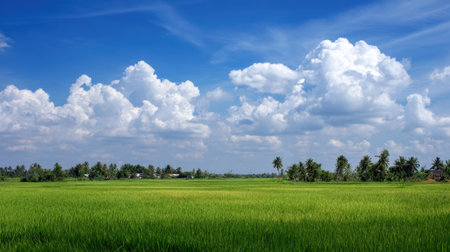 A stunning landscape of a vibrant green rice field stretches under a bright blue sky filled with fluffy clouds, showcasing natural beauty and tranquility.の素材