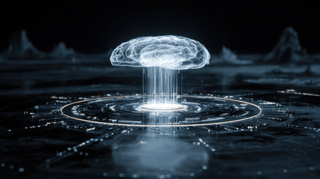 This digital artwork showcases a luminous brain representing artificial intelligence, surrounded by data streams in a futuristic landscape, symbolizing innovation and technology.の素材