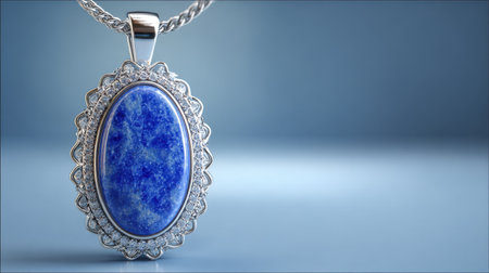 Captivating silver necklace showcases a lapis lazuli pendant surrounded by fine detailing, emphasizing elegance and sophistication in jewelry design.の素材