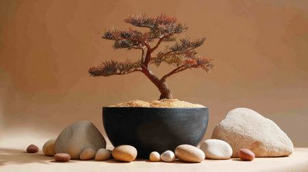 A striking bonsai tree is showcased in a sleek pot, surrounded by smooth stones and light sand, creating a serene and tranquil atmosphere perfect for home decor.の素材