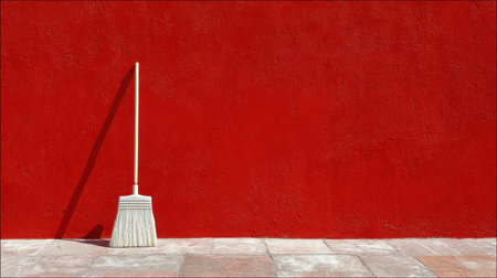 A solitary broom rests against a vibrant red wall, casting interesting shadows on the tiled floor. The image captures a moment of simplicity and color contrast.の素材