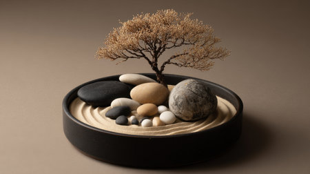 This photo captures a minimalist zen garden featuring raked sand, smooth stones, and a delicate tree, perfect for creating a tranquil and peaceful atmosphere.の素材
