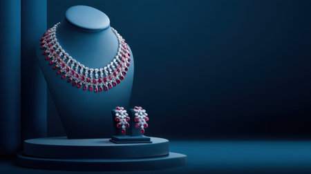 A stunning jewelry set highlighting a necklace with diamond and ruby accents, complemented by matching earrings, elegantly displayed on a sophisticated stand.の素材