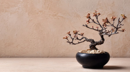 Captivating bonsai tree artfully arranged in a black pot on a smooth wooden table, surrounded by a textured background. Perfect for nature-inspired decor.の素材