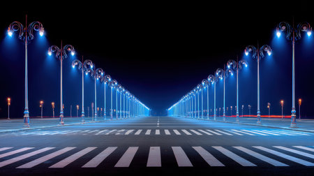 This captivating night scene showcases a quiet urban street illuminated by artistic streetlights, creating a serene atmosphere. The symmetrical arrangement and vibrant blue hues beckon exploration and capture the essence of nighttime tranquility.の素材