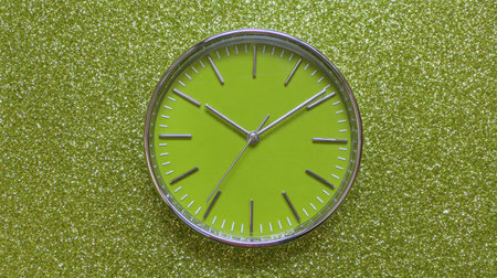 This striking wall clock features a bright green face with silver accents, set against a sparkling green glitter background, perfect for modern decoration.の素材