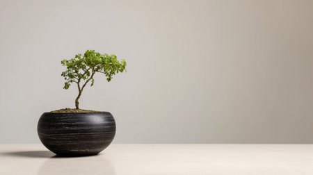 A beautiful little bonsai tree in a sleek black pot sits on a light-colored table. The minimalist design creates a calm atmosphere, reflecting tranquility and nature.の素材