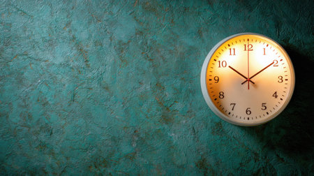 A wall clock displayed against a textured green background, highlighting the hour and minute hands with a soft glow, capturing the essence of time.の素材
