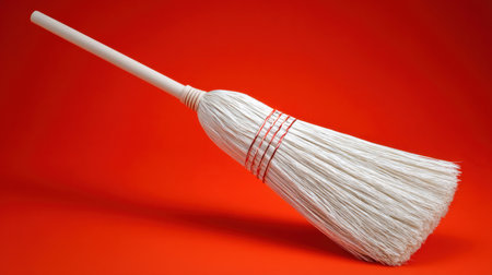 A white broom with a long handle stands against a vibrant red background, highlighting its design and functionality for cleaning tasks at home or office.の素材