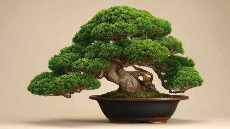 Captivating bonsai tree showcasing vibrant green foliage and intricate trunk, ideal for decor or gardening enthusiasts seeking tranquility and beauty.の素材