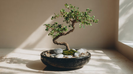 A stunning bonsai tree displayed in a stylish black pot, accompanied by smooth pebbles and illuminated by soft sunlight, creating a serene atmosphere.の素材