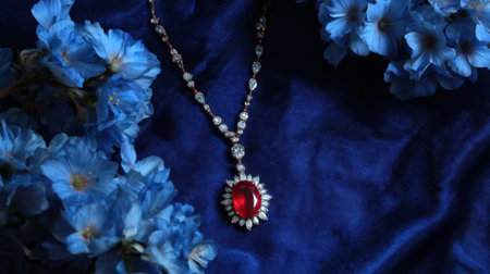 This stunning image showcases an elegant red gem necklace framed by vibrant blue flowers on rich blue fabric, creating a luxurious and artistic vibe.の素材