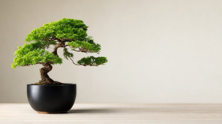 A beautifully shaped bonsai tree sits gracefully in a sleek black pot, resting on a light wooden surface that enhances its vibrant green foliage.の素材