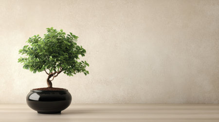 A striking bonsai tree sits elegantly in a minimalist black pot, showcased against a soft textured wall, symbolizing tranquility and nature's beauty.の素材