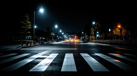A tranquil nighttime view of an empty urban street featuring a prominent crosswalk. Bright city lights illuminate the scene against a dark sky.の素材