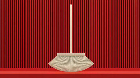 A stylish broom positioned against a striking red backdrop, highlighting artistic design and functionality. This image captures the essence of minimalist aesthetics in home maintenance.の素材