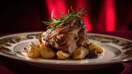A beautifully presented lamb shank atop a plate with fresh herbs, accompanied by roasted potatoes, perfect for an elegant dinner setting.の素材