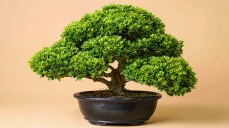 This image features a stunning bonsai tree in an elegant pot, presenting a vibrant display of lush green leaves. Ideal for themes of nature and tranquility.の素材