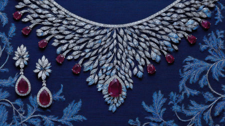 This image showcases an exquisite jewelry set featuring a stunning necklace and matching earrings adorned with vibrant rubies and intricate leaf designs, set against a rich blue fabric.の素材