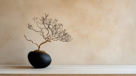 A minimalistic display featuring a decorative tree with intricate branches in a black stone planter, set on a light wooden surface against a neutral backdrop.の素材