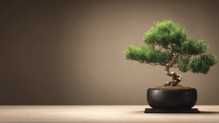This elegant bonsai tree showcases vibrant green leaves in a black ceramic pot, creating a calming atmosphere perfect for home decor and tranquility.の素材