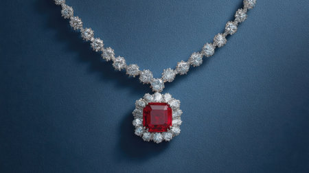 This image features an exquisite diamond necklace adorned with a stunning red gemstone centerpiece, epitomizing luxury and elegance against a soft blue backdrop.の素材