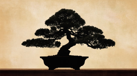This captivating image showcases the elegant silhouette of a bonsai tree set against a warm, softly textured background, embodying tranquility and artistry.の素材