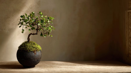 A serene bonsai tree showcasing intricate leaves and moss in a decorative pot, illuminated by soft natural light, perfect for home decor.の素材