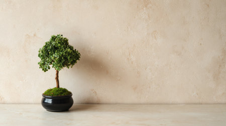 A beautiful bonsai tree in a sleek black pot rests on a light surface. The lush green foliage contrasts with the beige wall, creating a serene atmosphere perfect for enhancing home or office spaces.の素材