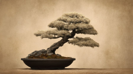 This image showcases an elegant bonsai tree with intricate branches, emphasizing tranquility and artistry against a soft, neutral background.の素材