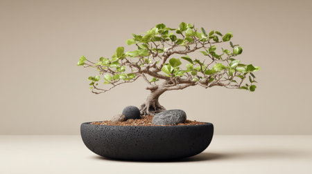 A beautifully arranged bonsai tree with vibrant green leaves sits gracefully in a stylish black bowl, surrounded by smooth stones, creating a serene and harmonious atmosphere.の素材