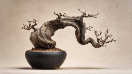 This artistic bonsai tree showcases an elegant curved form with intricate branches, perfect for indoor decoration, embodying tranquility and natural beauty.の素材