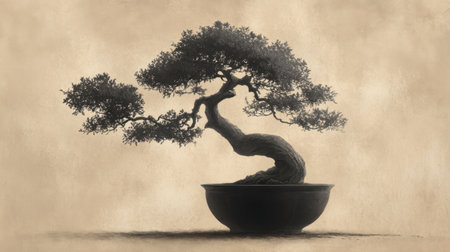This image features an elegant bonsai tree artfully styled in a simple black pot, set against a subtle textured background, promoting tranquility and harmony.の素材