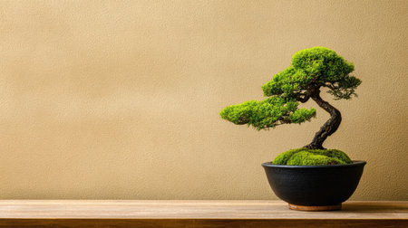 A beautiful bonsai tree showcases serene green foliage in a black pot, set against a minimalist tan background, perfect for interior decoration.の素材