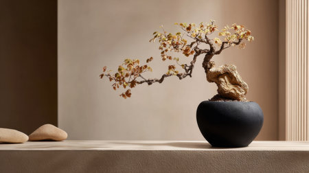 A striking bonsai tree in a dark ceramic pot, positioned on a minimalist shelf, complemented by natural stones, creates a serene and elegant indoor atmosphere.の素材