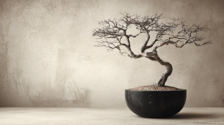This stunning image features an elegant bare bonsai tree placed in a minimalist pot, highlighting serene beauty and artistic expression in an indoor setting.の素材