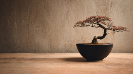A beautifully crafted bonsai tree in a sleek black pot sits against a textured wall, symbolizing tranquility and elegance in any indoor space.の素材