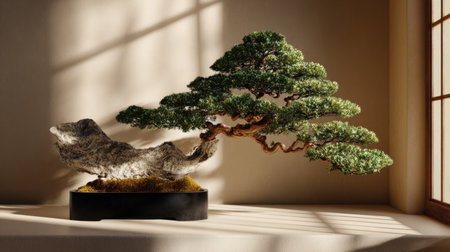 This stunning bonsai tree showcases intricate craftsmanship with its vibrant green leaves and textured trunk, creating a tranquil atmosphere in any space.の素材