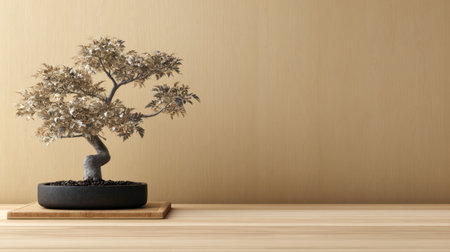 A stunning bonsai tree sits gracefully on a wooden table, set against a soft beige wall, offering a tranquil atmosphere and minimalist beauty for any space.の素材