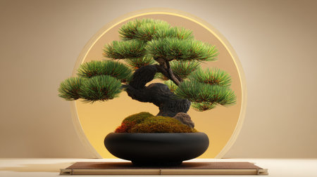 This striking image features an elegant bonsai tree with lush green foliage, creatively displayed in a refined pot against a soft circular background, embodying serenity.の素材