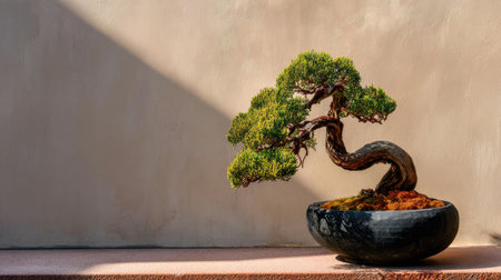 This striking image features an intricately designed bonsai tree in an elegant pot, illuminated by sunlight casting delicate shadows. Ideal for dの素材